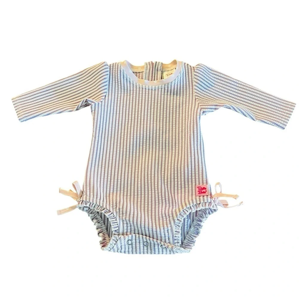 Ruffle Butts Striped Purple & White Long Sleeve Rashguard One Piece Swimsuit